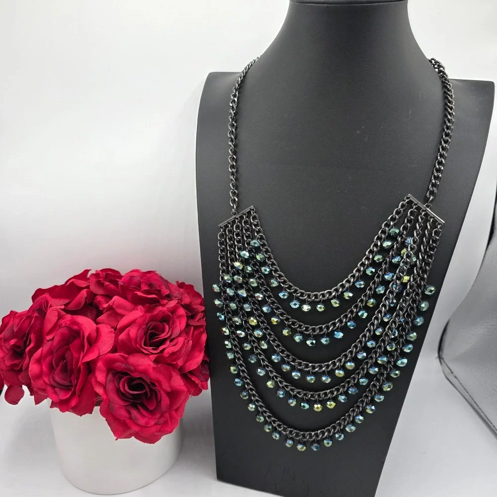 Gunmetal Multi-Strand Bib Necklace Iridescent AB Faceted Beads 5-Tier Statement